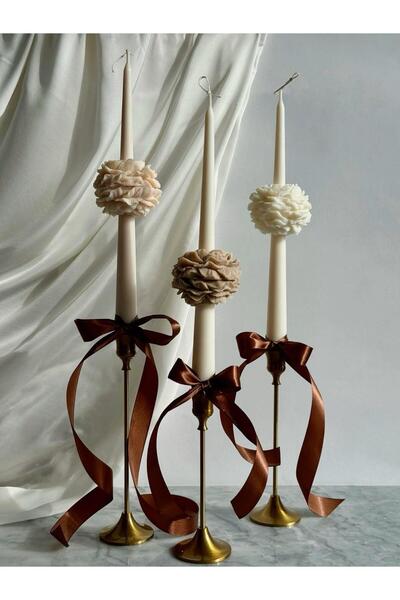 SCA CANDLE Dekoratif 3 Lu Şamdanlık Mum Kırık Beyaz Hahve Ve Açık Pembe Gül Şamdanlar Hariç Şamdan Yok