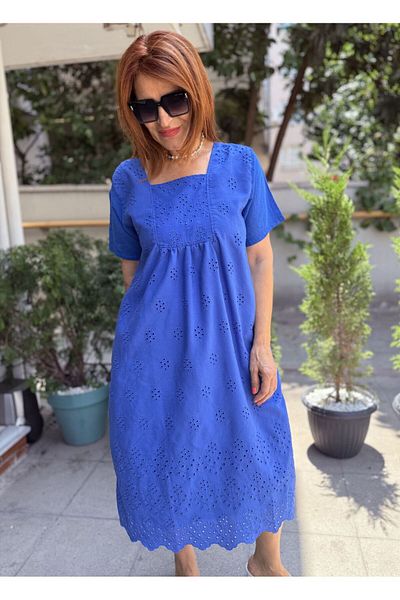 DenizEge Square Neck Brode Dress Saks Blue-40