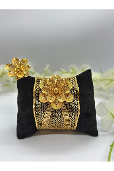 Constanza Exclusive 22 Ayar Altın Kaplama Çiçek Motifli Vizyon Kelepçe Yüzük Kombin 652