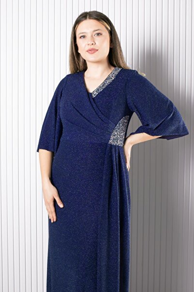 SUBU TASARIM Evening Dress with Stone Print Detail Navy Blue Tbsmda2541