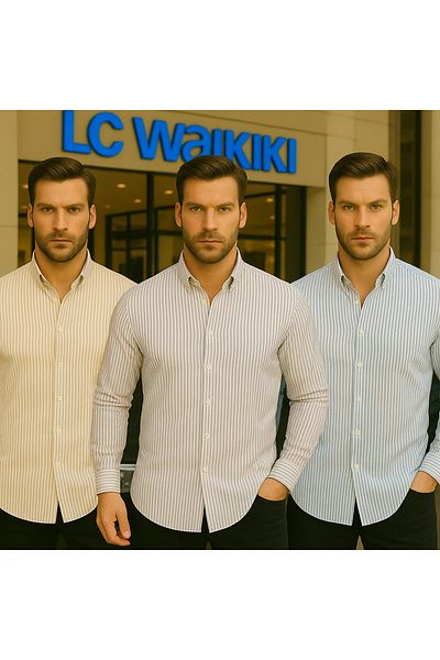LC Waikiki 100% Organic Cotton Premium Quality Luxury New Season Striped Buttoned Men's Style Shirt 3-Piece