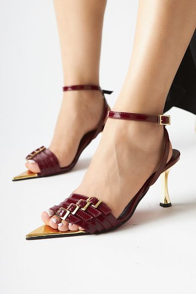 Limoya Helna Burgundy Gold Buckle Thin Heeled Ankle Strap Women's Sandals