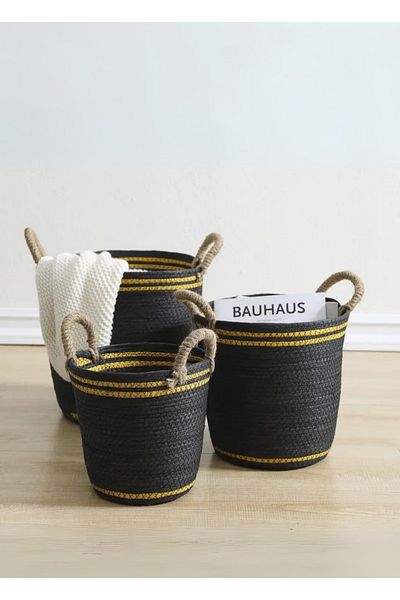 sfb Set of 3 Black Jute Woven Baskets - Decorative Storage and Organization Baskets with Handles