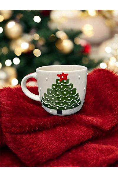 BB TRADE Handmade Christmas Themed Hand Painted Pine Tree Patterned Gift Ceramic Mug