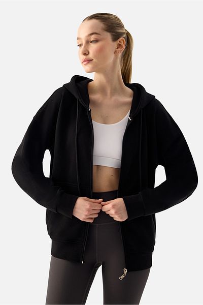 Superstacy Luna Zippered Hooded Black Sweatshirt
