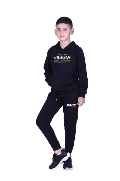 FYK KİDS Boy's Track Suit with Hooded Kangaroo Pocket and Creati̇ve Text Printed