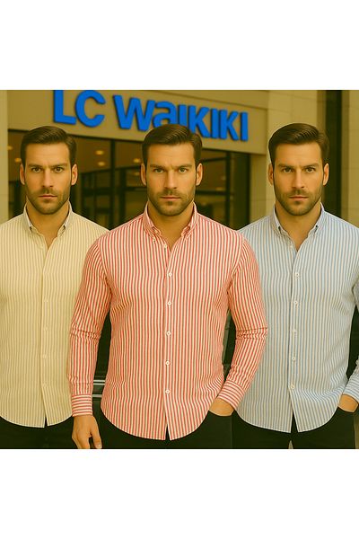 LC Waikiki 100% Organic Cotton Premium Quality Luxury New Season Striped Buttoned Men's Style Shirt 3-Piece
