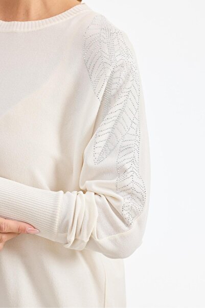 Tığ Triko Shoulder Leaf Stone Printed Rayon Tunic Vanilla