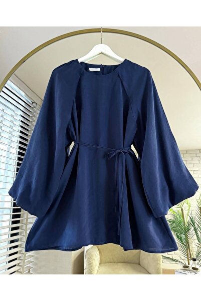Bahar Altundemir Women's Balloon Sleeve Waist-Tie Hijab Navy Blue Tunic Shirt...