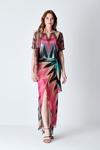 EXPLOSION Payet Desenli Kayık Yakalı Kısa Kollu Crop Bluz