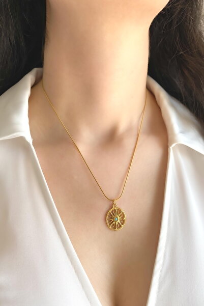 DEMOKAN Kadın Çelik Kolye Mavi Taşlı Güneş Kolye