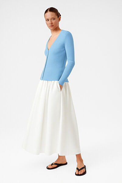 Triko Mısırlı Bebe Mavi V Yaka Fitilli İnce Kadın Hırka