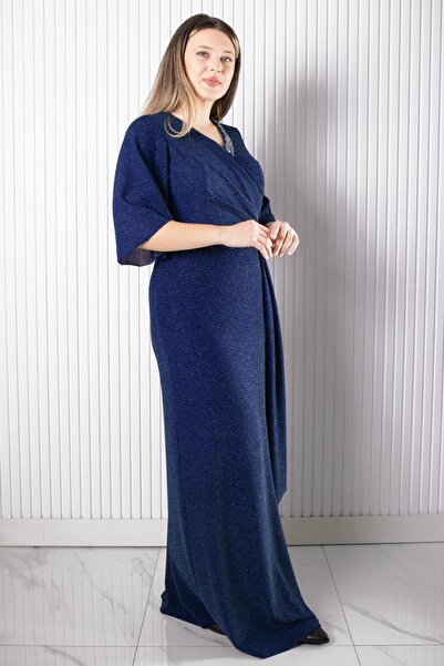 SUBU TASARIM Evening Dress with Stone Print Detail Navy Blue Tbsmda2541