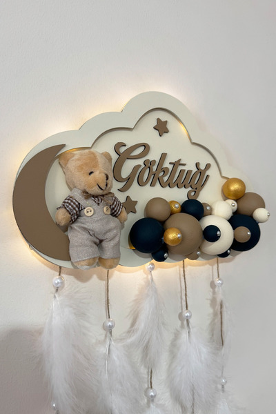 Ahşaplan Bubble Ledli Bulut Bebek Kapı Süsü | Bebek Odası Duvar Süsü
