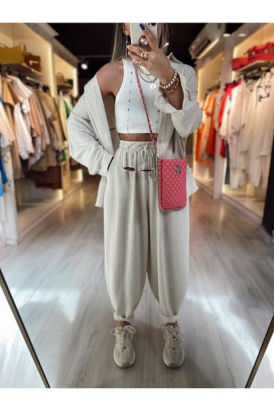 Suzi butik Stone Color Linen Oversize Shirt Shalwar Pants Set 50987