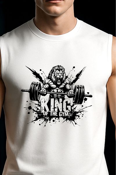 BESSA Men's King of Gym Printed White Oversize Crew Neck Cotton Sleeveless T-Shirt/Undershirt
