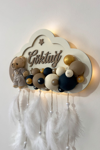 Ahşaplan Bubble Ledli Bulut Bebek Kapı Süsü | Bebek Odası Duvar Süsü