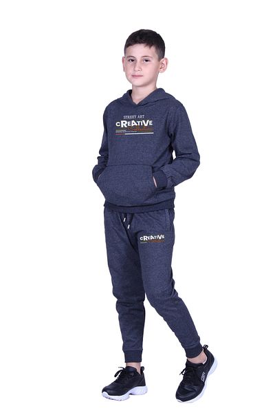 FYK KİDS Boy's Track Suit with Hooded Kangaroo Pocket and Creati̇ve Text Printed