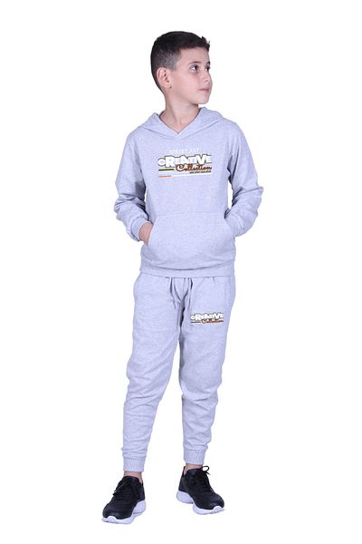FYK KİDS Boy's Track Suit with Hooded Kangaroo Pocket and Creati̇ve Text Printed