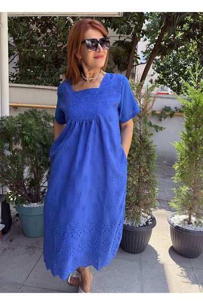 DenizEge Square Neck Brode Dress Saks Blue-40