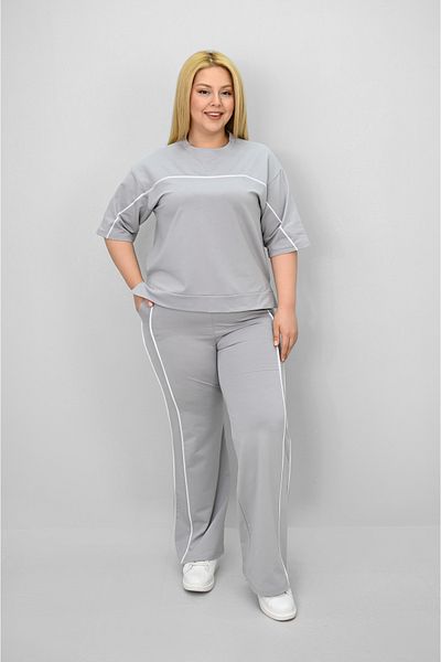 Koza Butik Women's Plus Size Short Sleeve Loose Leg Tracksuit Set with Intermediate Piping Detail 8189-25