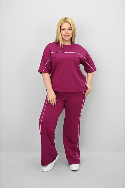 Koza Butik Women's Plus Size Short Sleeve Loose Leg Tracksuit Set with Intermediate Piping Detail 8189-25