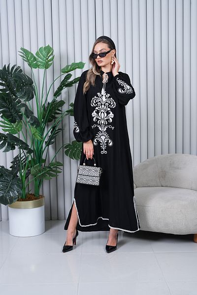 EL jadida Women's Embroidered Pompom Viscose Long Dress Black