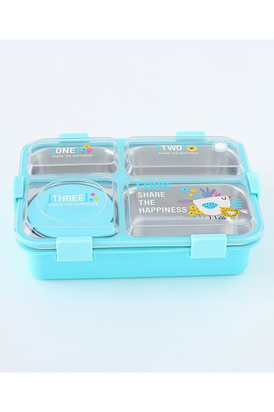 Fab N Funky Bird Themed Kids Lunchbox, Four Compartments, Spacious, Lightweight - Green