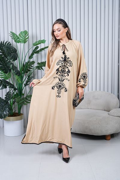 EL jadida Rochie lungă din viscoză brodată cu pompon de damă bej