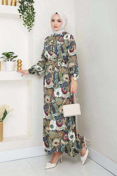 Moda MSK Πολύχρωμο φόρεμα με λουλούδια με ζώνη πράσινο