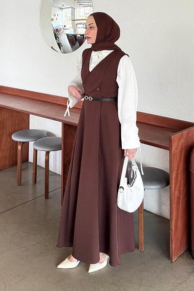 lamelif Button Detailed Sleeveless Hijab Dress Bitter Brown