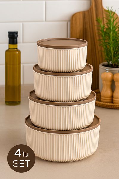 Vienev Set of 4 Round Storage Containers Striped Beige |   2.5L 1.5L 0.80L 0.45L |   Microwave and Freezer Compatible