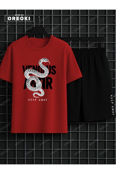 EFFRENATU Stand Back Printed Cotton Men's Red T-Shirt-Black Shorts Set
