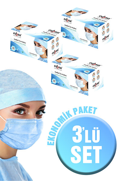 EDSA Mavi 3 Kutu 150 Adet Meltblownlu 3 Kat Tek Kullanımlık Burun Telli Ultra...