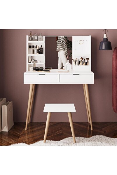 Bimossa V4050 Bella Tabureli Doğal Ayaklı Aynalı Takı Askılı Makyaj Masası Beyaz