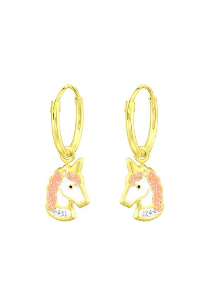 Sophia Collection Children's earrings 925 silver plated with 24K gold, classic hoops, pink Unicorn model
