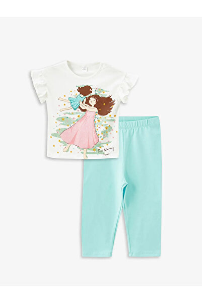 LC Waikiki Lcw Kids Ecru Crew Neck Short Sleeve Baby Girl Blouse and Leggings 2-Piece Set