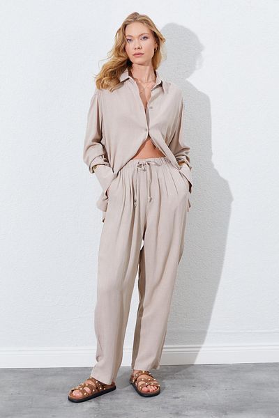 TENA Women's Dark Beige Elastic Waist Carrot Cut Linen Trousers