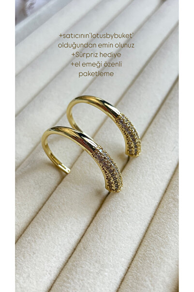 lotusbybuket VIP Çelik gold 14 ayar altın rengi zirkon taşlı oval halka küpe