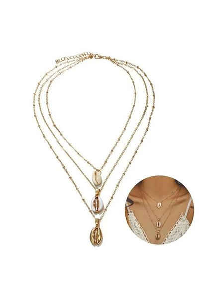miraza Gold Shell Necklace, Triple Layer, 56 cm, For Festivals, Beach and Summer