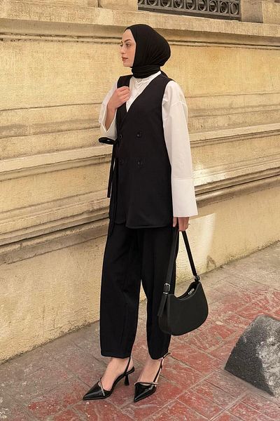 lamelif Pants-Vest Double Hijab Suit Black