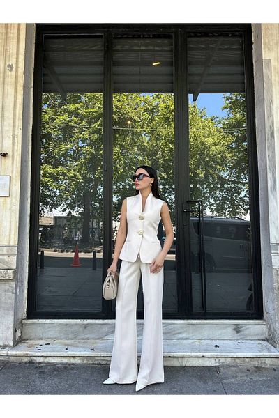 AlisaSu Women's Beige Gold Buttoned Vest Pants Suit