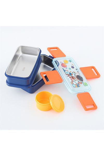Fab N Funky Astronaut Themed Lunchbox, Two Layers, Compact, Lightweight, 3 Years+, 18.5 x 10.8 x 11.1 cm - Blue