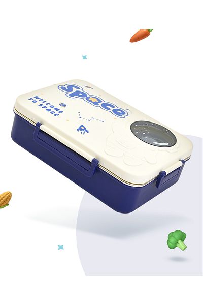 Bonfino Bonfino Lunch Box, Leak-Resistant Seal, Space Theme, 3 Years+, 1300 mL- White and Blue