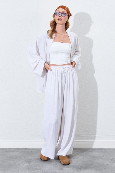 TENA Women's Natural Elastic Waist Palazzo Linen Trousers