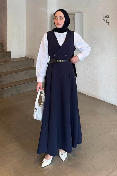 lamelif Λεπτομερές αμάνικο φόρεμα με κουμπί Navy Blue