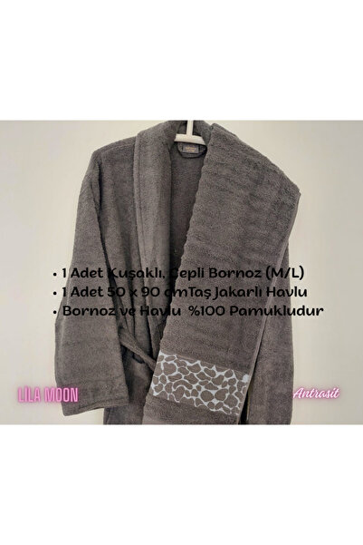 Beğenal Anthracite Colored 100% Cotton Jacquard Stone Double Bathrobe Set