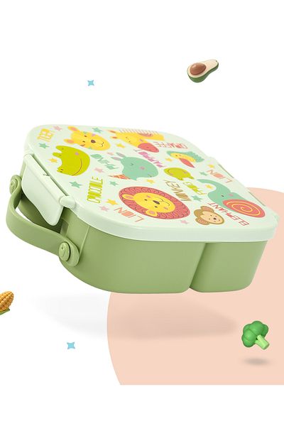 Bonfino Bonfino Lunch Box, Leak-Resistant Seal, Animal Theme, 3 Years+, 1100 mL- Green