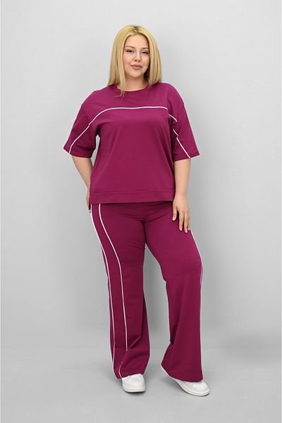 Koza Butik Women's Plus Size Short Sleeve Loose Leg Tracksuit Set with Intermediate Piping Detail 8189-25