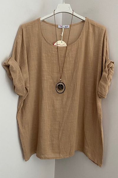 AYASOFYA OTANTIK Γυναικεία ιταλική ανοιχτή μπλούζα Cappuccino Oversize Casual με αξεσουάρ κολιέ